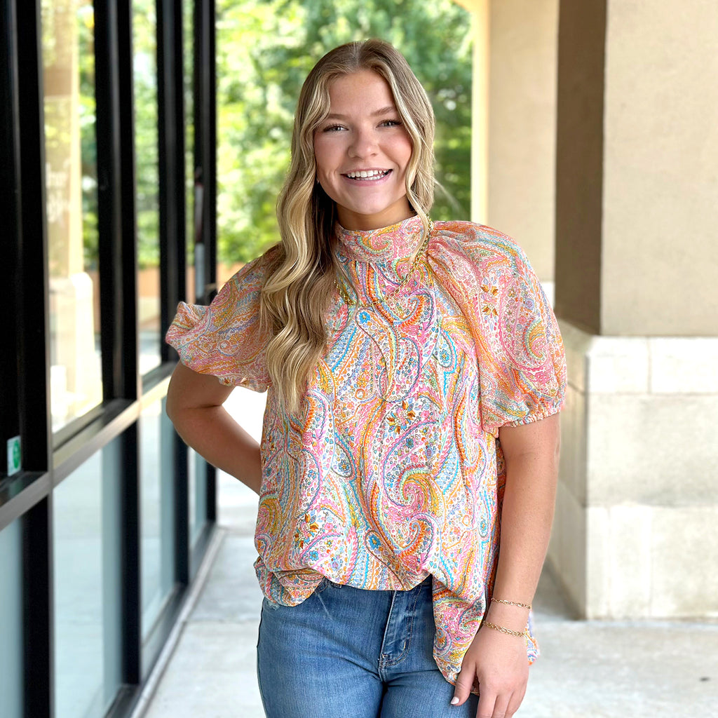 Paisley Peplum Top With Coordinated Straight Pants - Red