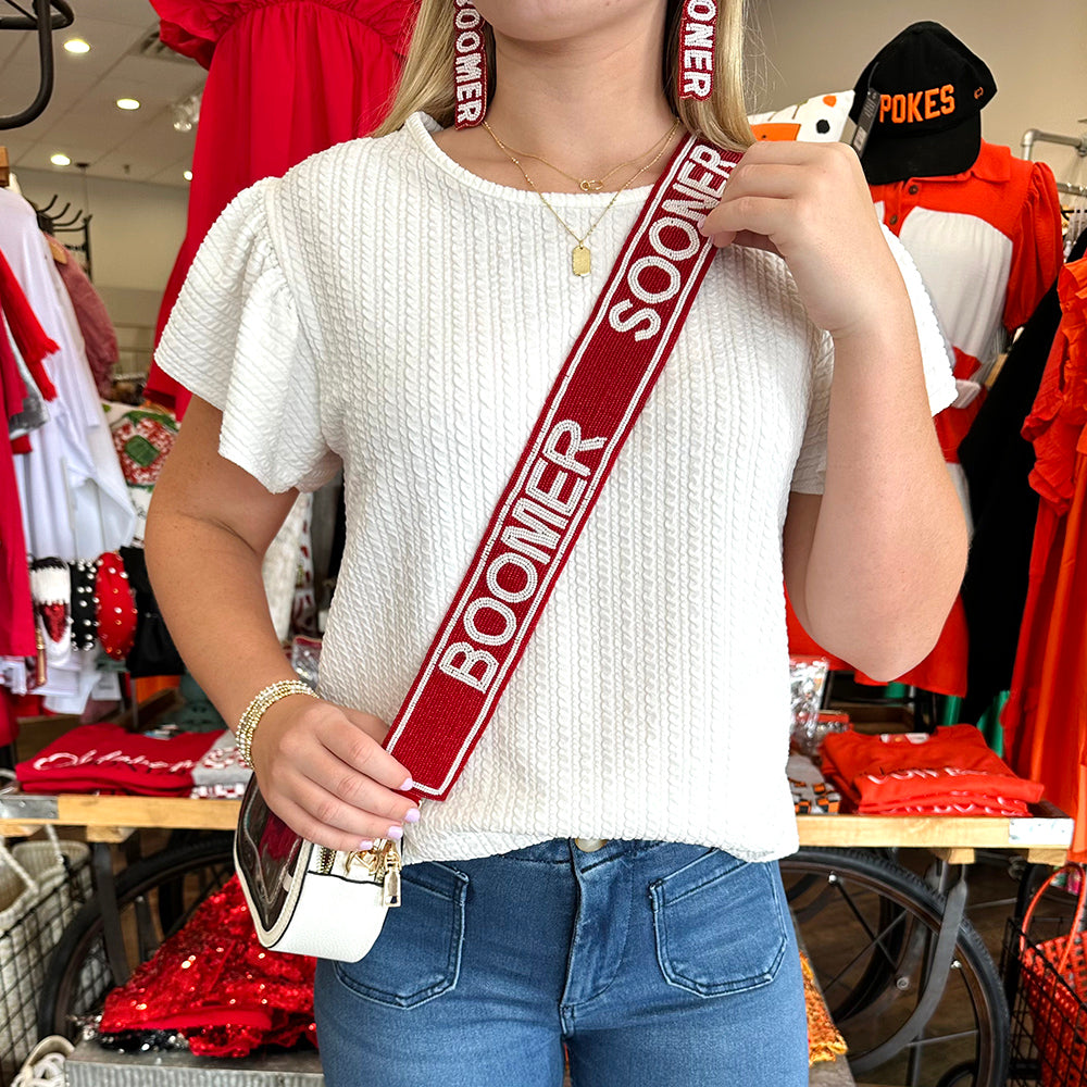 Crimson Boomer Sooner White Border Beaded Bag Strap