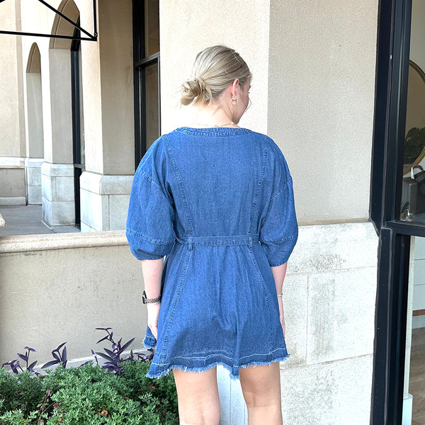 Fringed Denim Wrap Dress