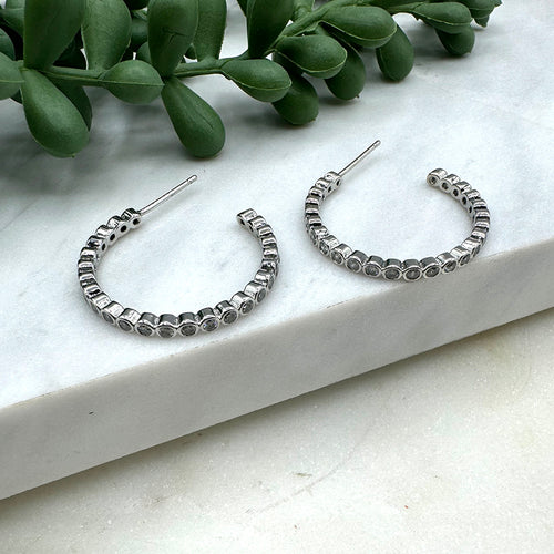 Reno Channel Set Crystal Hoops Silver