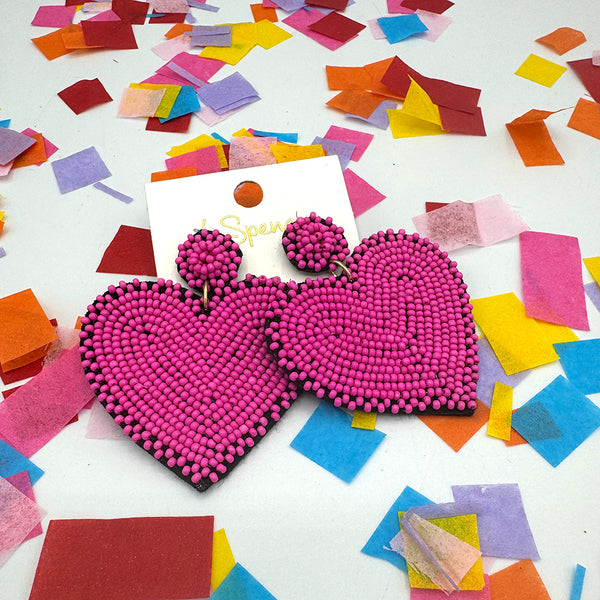 Seed Bead Chunky Heart Earrings Hot Pink